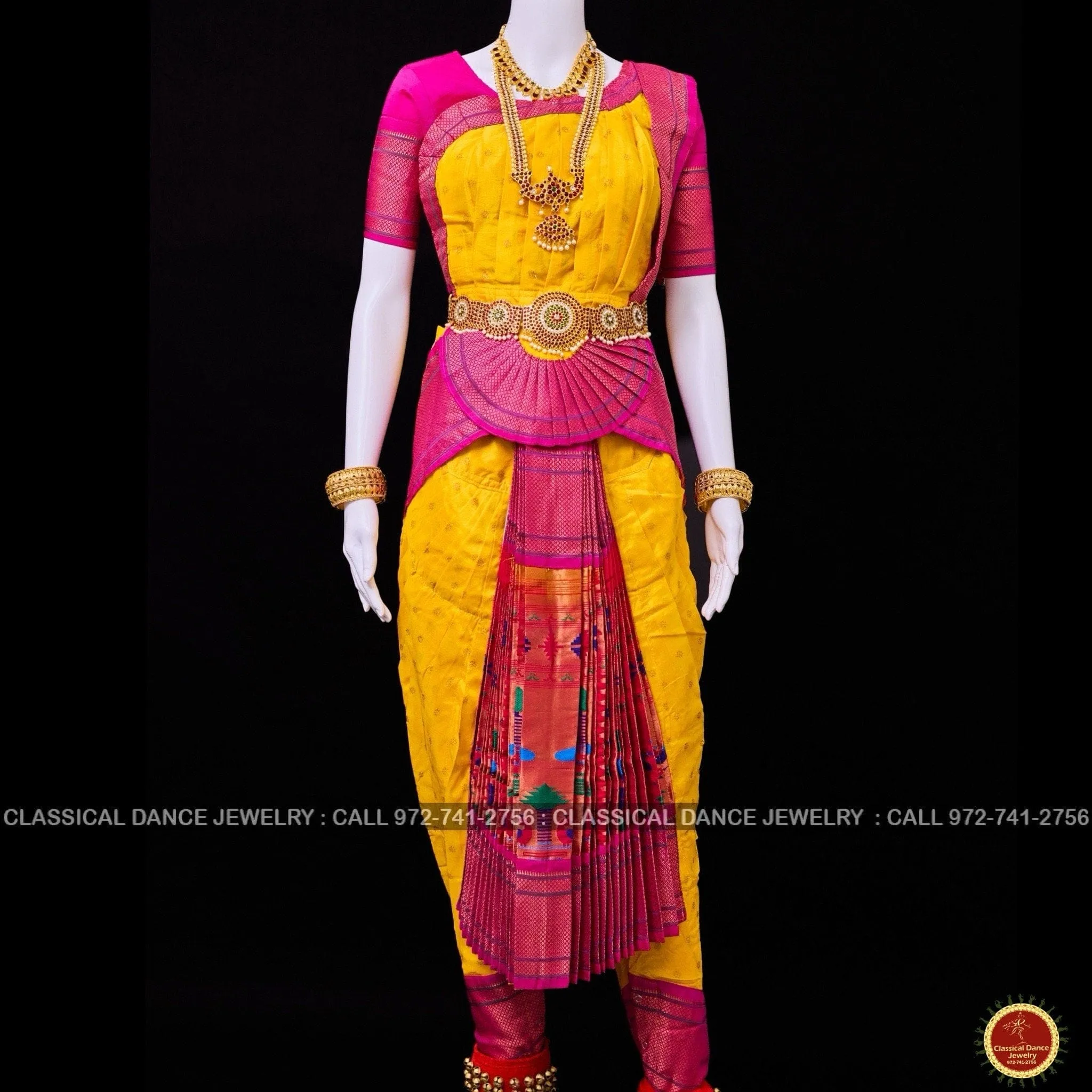HALDI YELLOW PINK 38 Inch Pant Length Bharatanatyam Dance Costume | Paithani Art silk Dharmavaram Kanchi | Classical Dance Jewelry