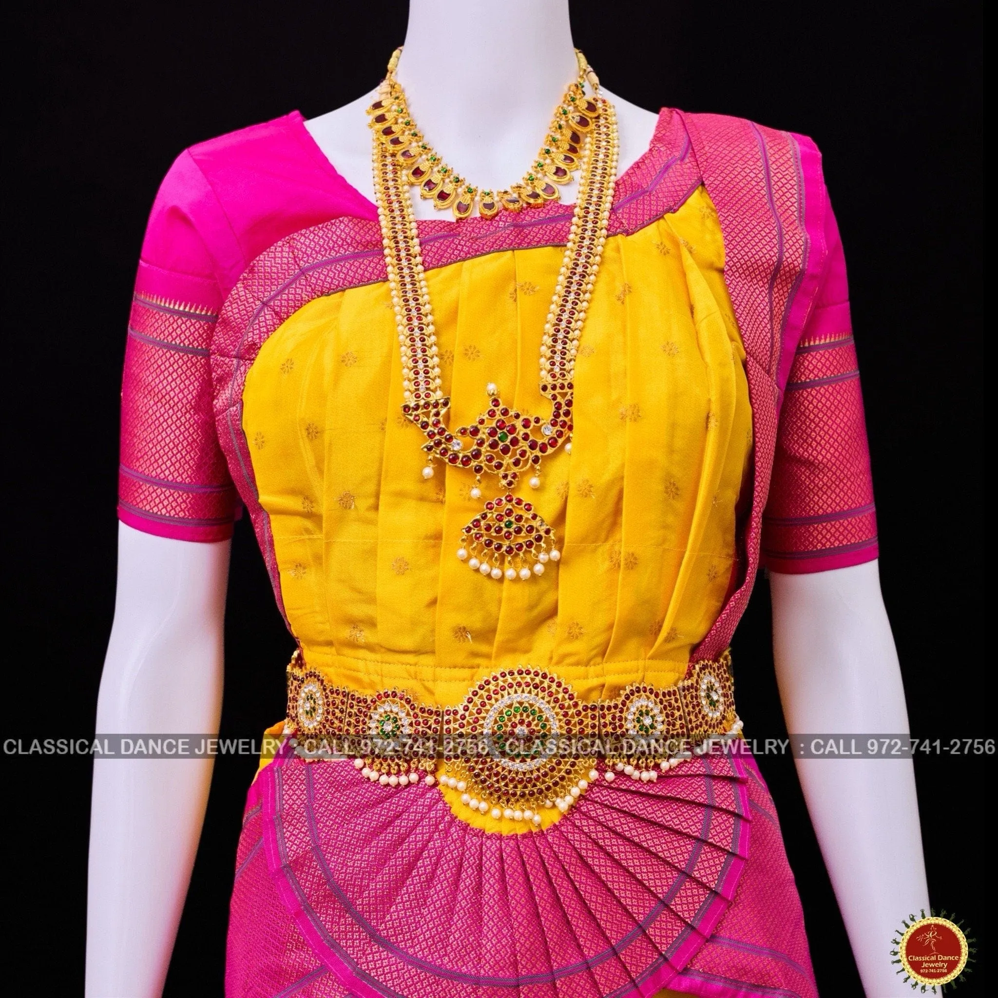 HALDI YELLOW PINK 38 Inch Pant Length Bharatanatyam Dance Costume | Paithani Art silk Dharmavaram Kanchi | Classical Dance Jewelry