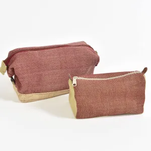 Hand woven Toiletry Bag Set | Maroon Herringbone
