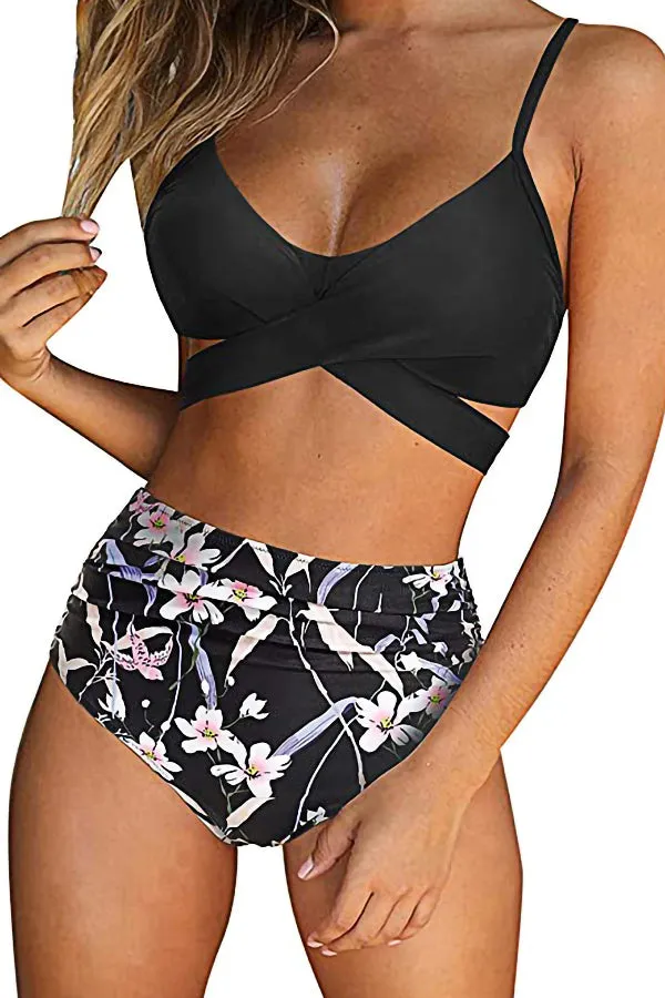 High Waist Printed Split Swimsuit