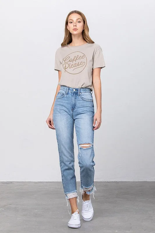 High Waist Ripped Frayed Hem Tapered Jeans
