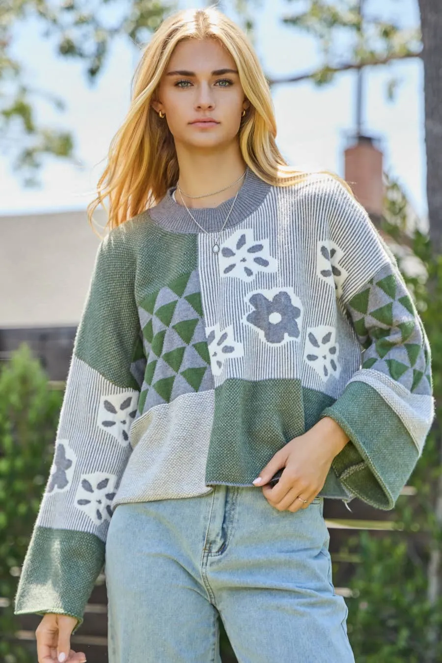 Jacquard Pattern Cropped Knit Sweater