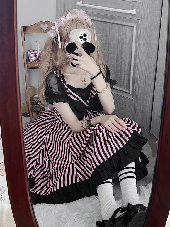 Jirai Kei Dress Gothic Lolita Dresses Bows Ruffles Stripes Black