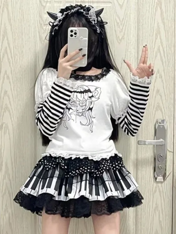 Jirai Kei Skirts Piano Key Print Gothic Lolita SK Ruffles Lace Black Polka Dot Lolita Skirts