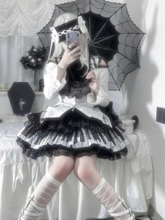 Jirai Kei Skirts Piano Key Print Gothic Lolita SK Ruffles Lace Black Polka Dot Lolita Skirts
