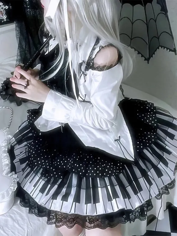 Jirai Kei Skirts Piano Key Print Gothic Lolita SK Ruffles Lace Black Polka Dot Lolita Skirts