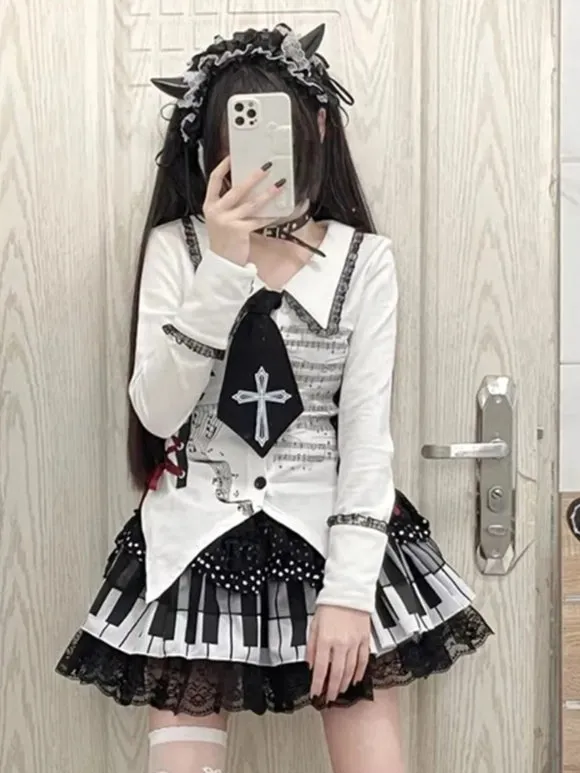 Jirai Kei Skirts Piano Key Print Gothic Lolita SK Ruffles Lace Black Polka Dot Lolita Skirts