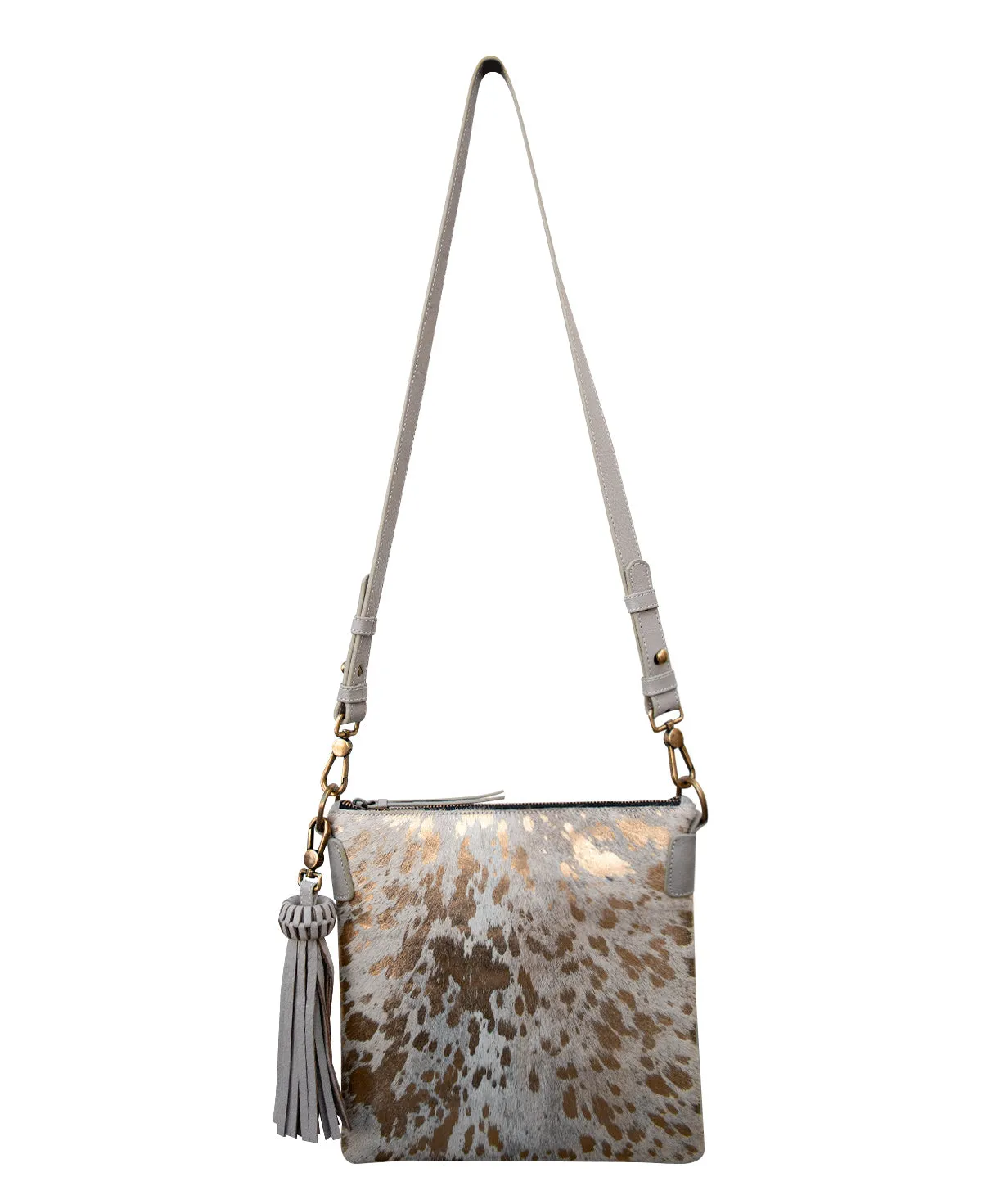 KATRINA Handcrafted Big Square Crossbody Bag  - Gray & Furry Gold Leather