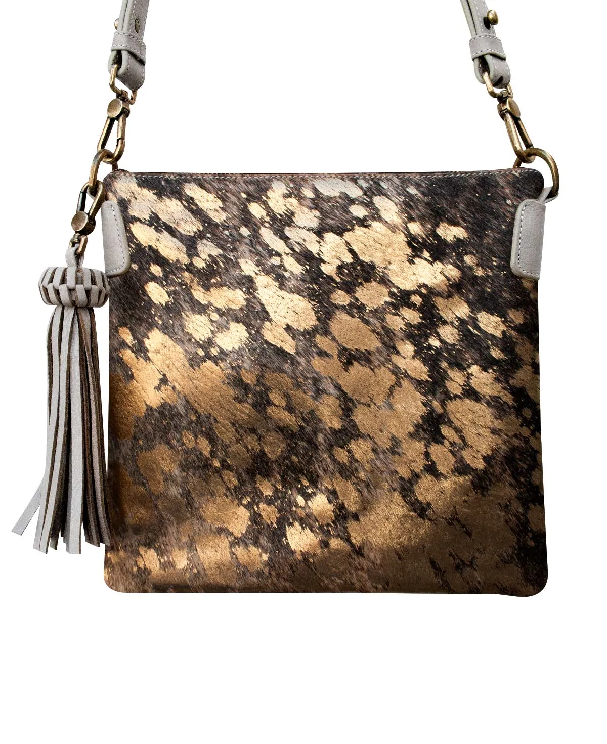 KATRINA Handcrafted Big Square Crossbody Bag  - Gray & Furry Gold Leather
