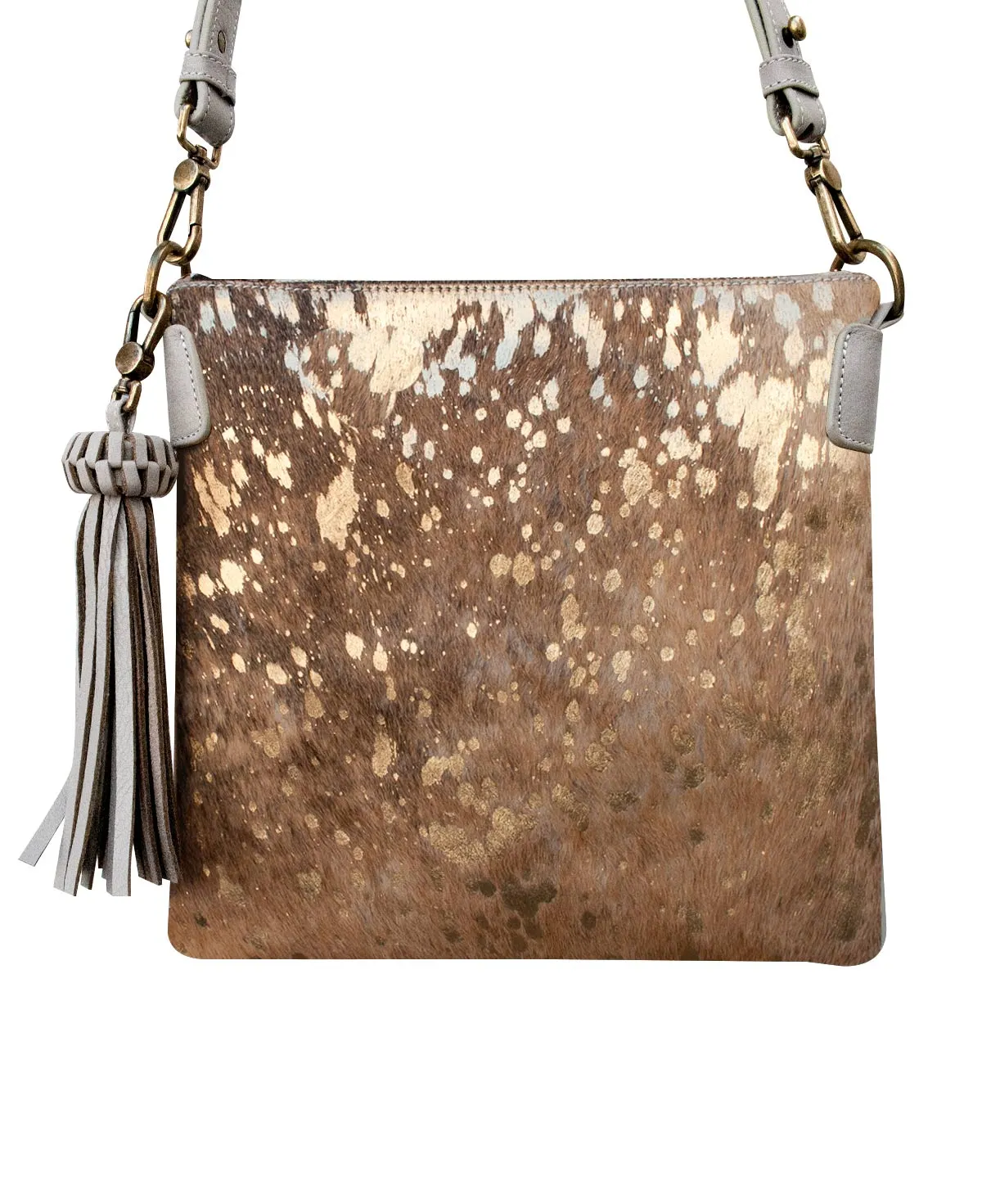 KATRINA Handcrafted Big Square Crossbody Bag  - Gray & Furry Gold Leather