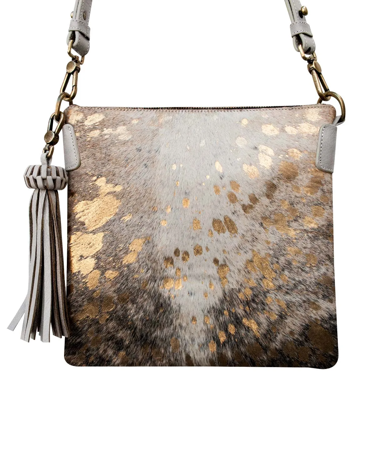 KATRINA Handcrafted Big Square Crossbody Bag  - Gray & Furry Gold Leather