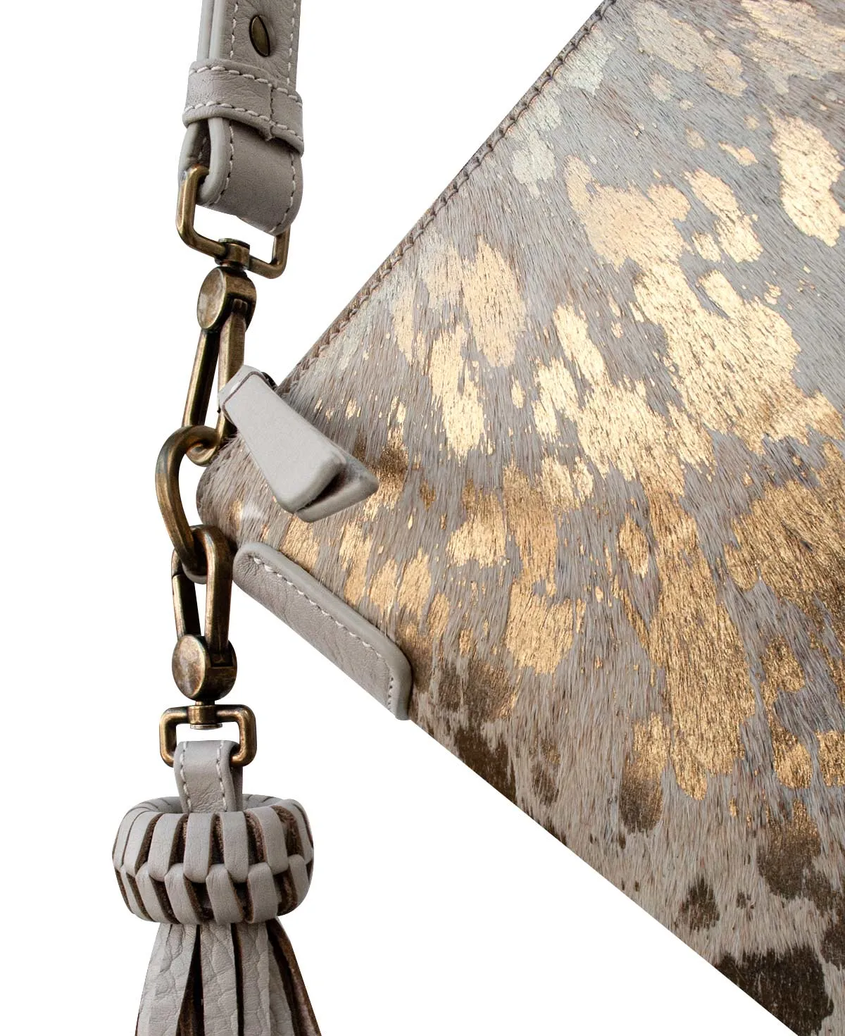 KATRINA Handcrafted Big Square Crossbody Bag  - Gray & Furry Gold Leather