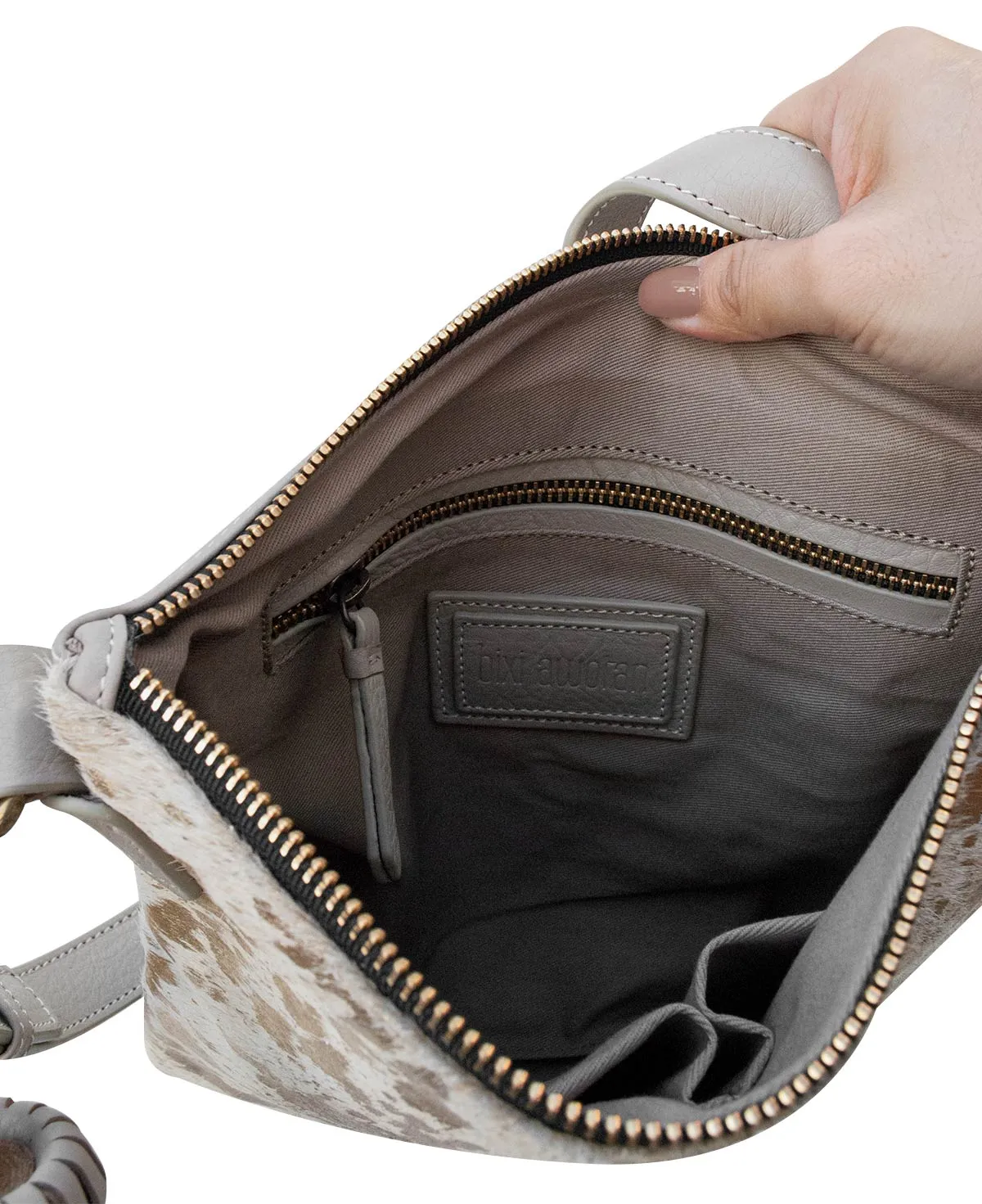 KATRINA Handcrafted Big Square Crossbody Bag  - Gray & Furry Gold Leather