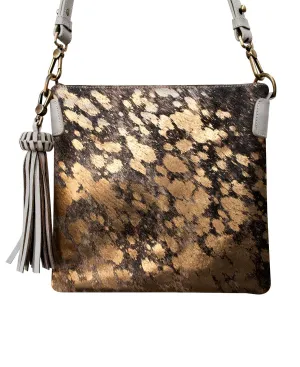 KATRINA Handcrafted Big Square Crossbody Bag  - Gray & Furry Gold Leather