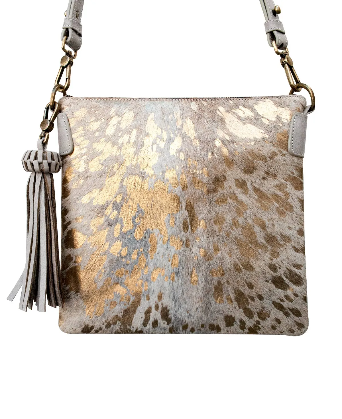 KATRINA Handcrafted Big Square Crossbody Bag  - Gray & Furry Gold Leather