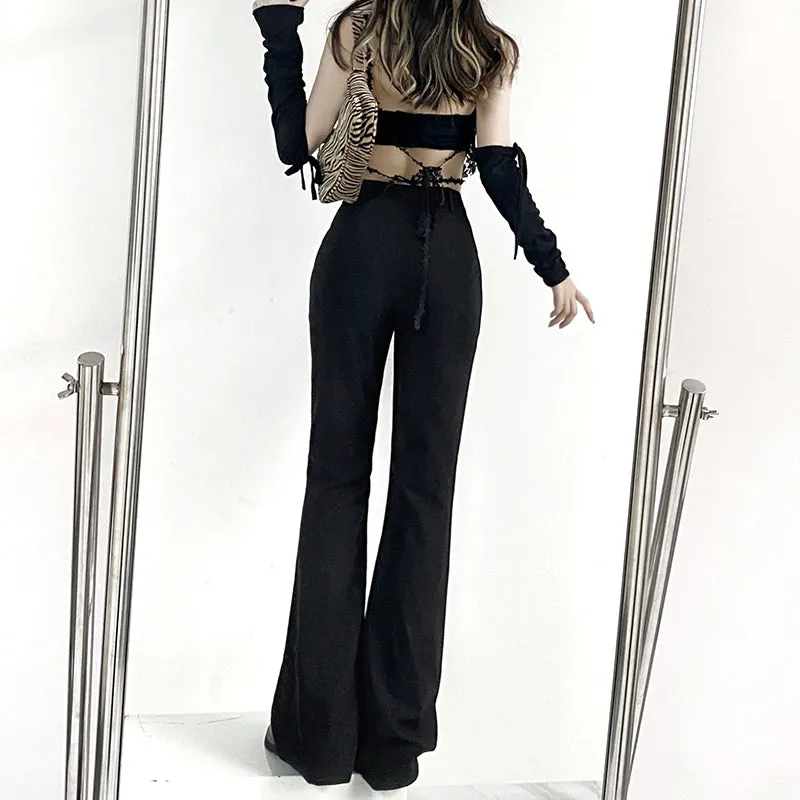 Lace Patchwork High Waist Flare Pants Women Streetwear Casual Trousers