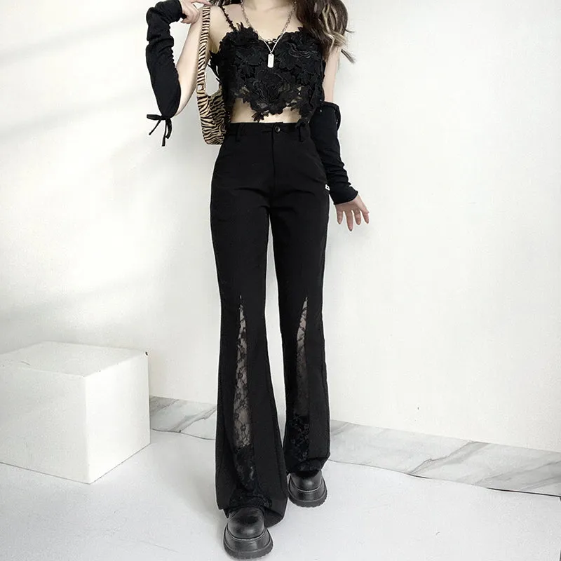 Lace Patchwork High Waist Flare Pants Women Streetwear Casual Trousers