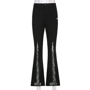 Lace Patchwork High Waist Flare Pants Women Streetwear Casual Trousers
