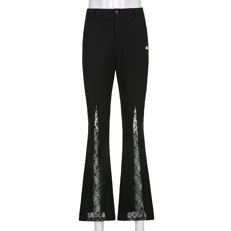 Lace Patchwork High Waist Flare Pants Women Streetwear Casual Trousers