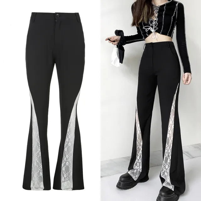 Lace Patchwork High Waist Flare Pants Women Streetwear Casual Trousers