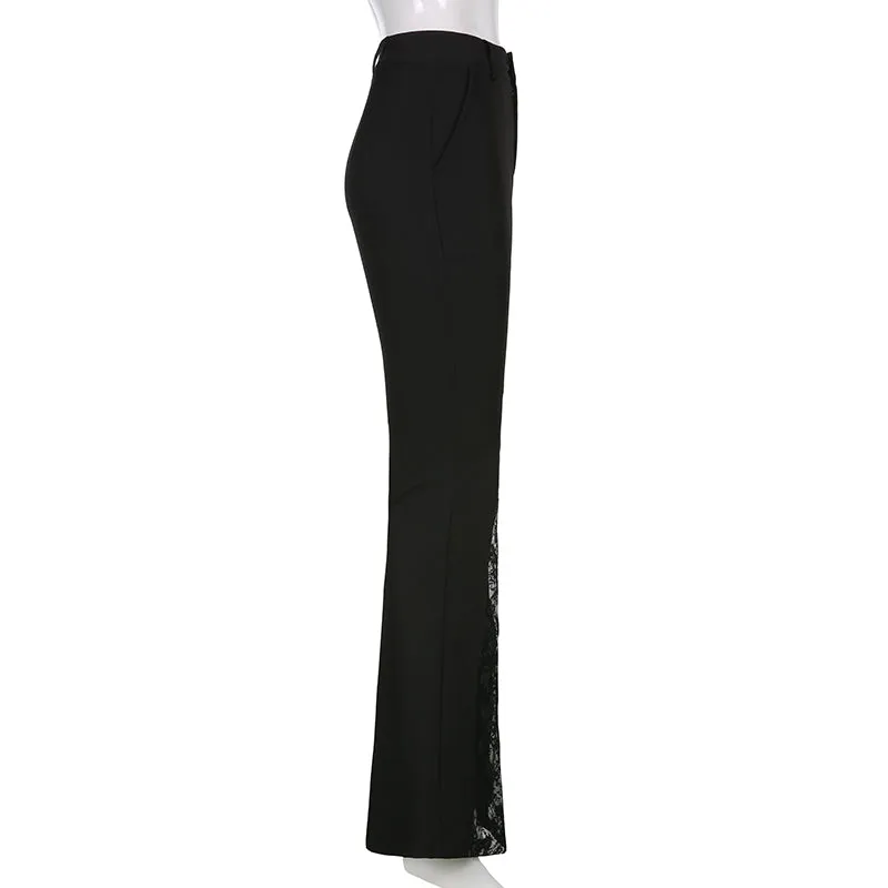 Lace Patchwork High Waist Flare Pants Women Streetwear Casual Trousers