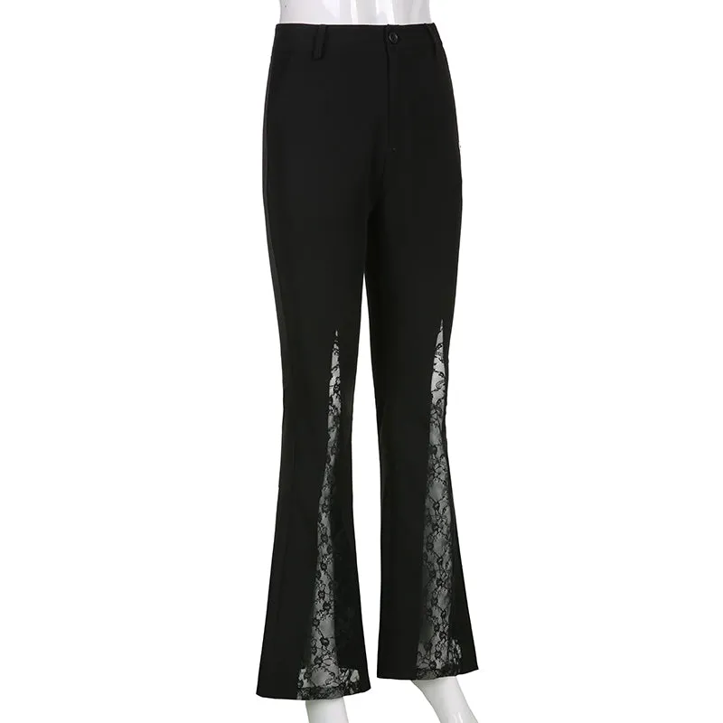 Lace Patchwork High Waist Flare Pants Women Streetwear Casual Trousers