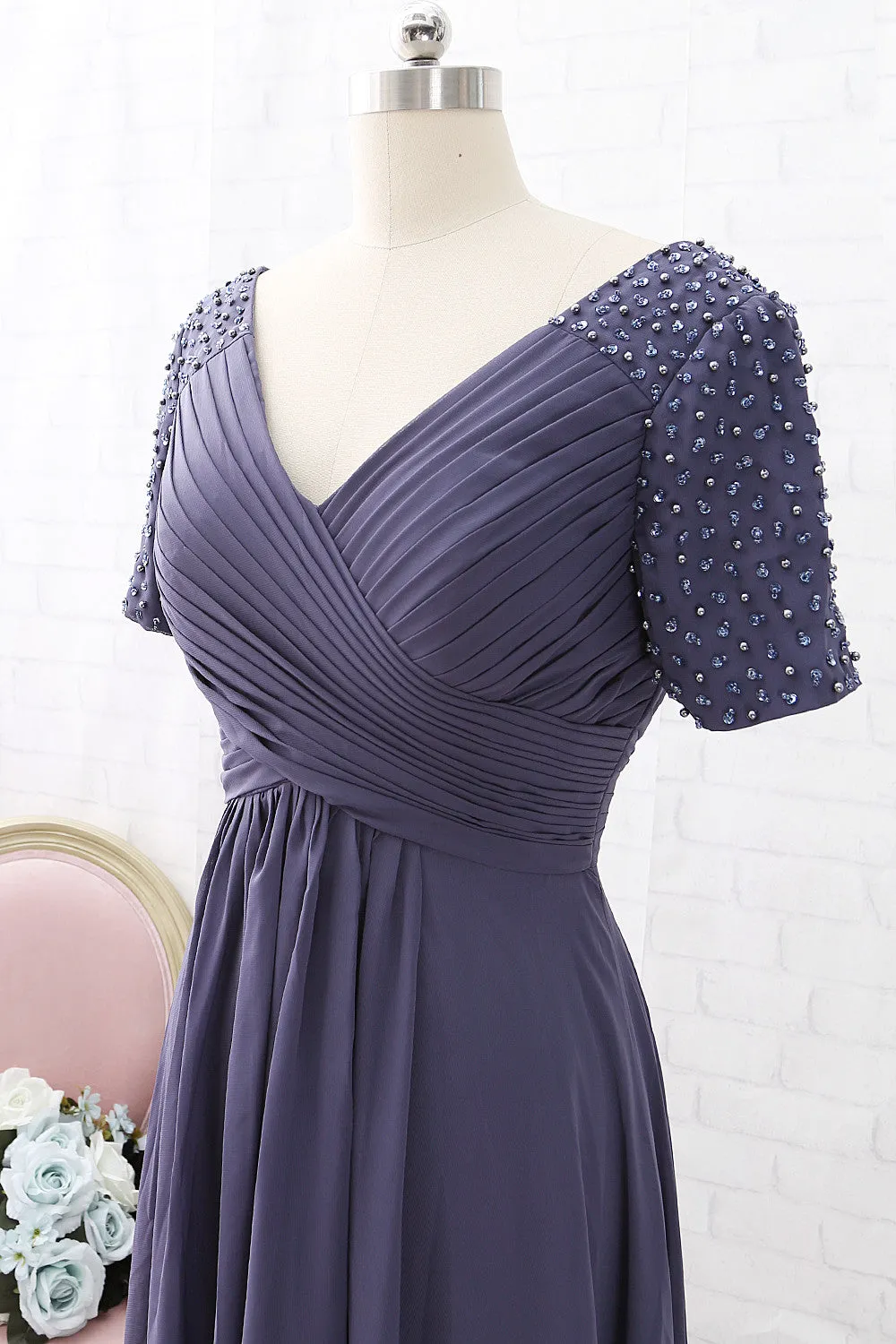 MACloth Short Sleeves with Beaded V Neck Steel Blue Mother of the Brides Dress Wedding Party Dress