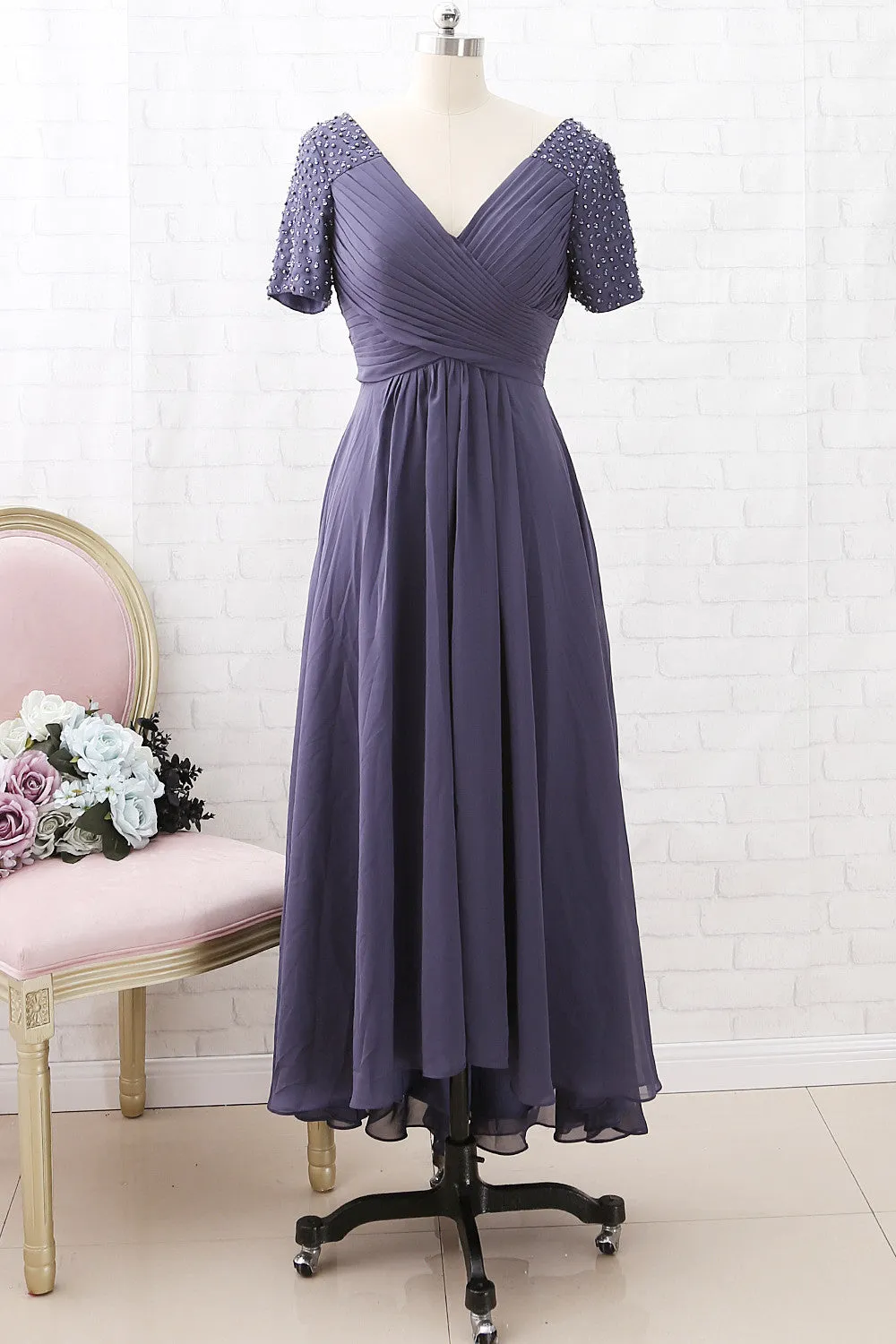 MACloth Short Sleeves with Beaded V Neck Steel Blue Mother of the Brides Dress Wedding Party Dress