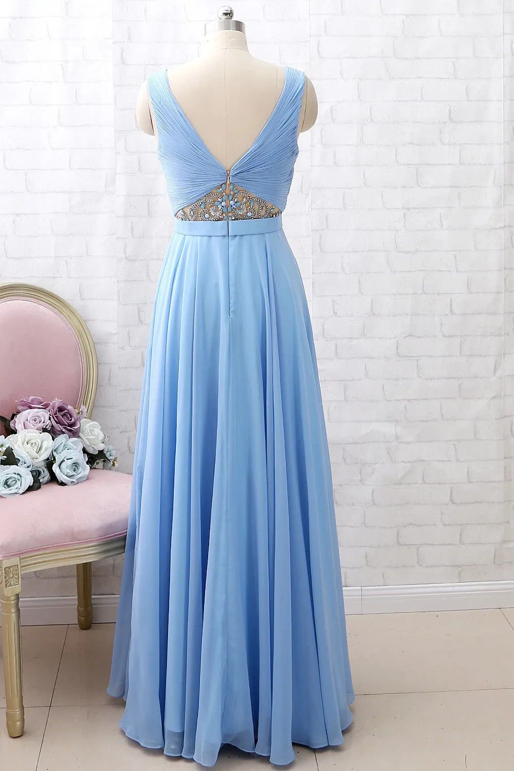 MACloth Straps V Neck Beaded Long Prom Dress Chiffon Formal Evening Gown