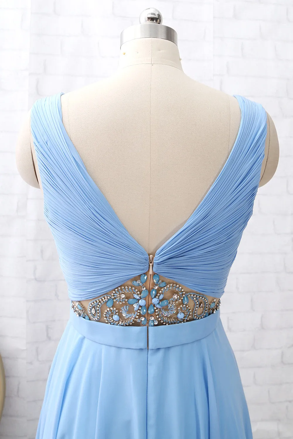 MACloth Straps V Neck Beaded Long Prom Dress Chiffon Formal Evening Gown