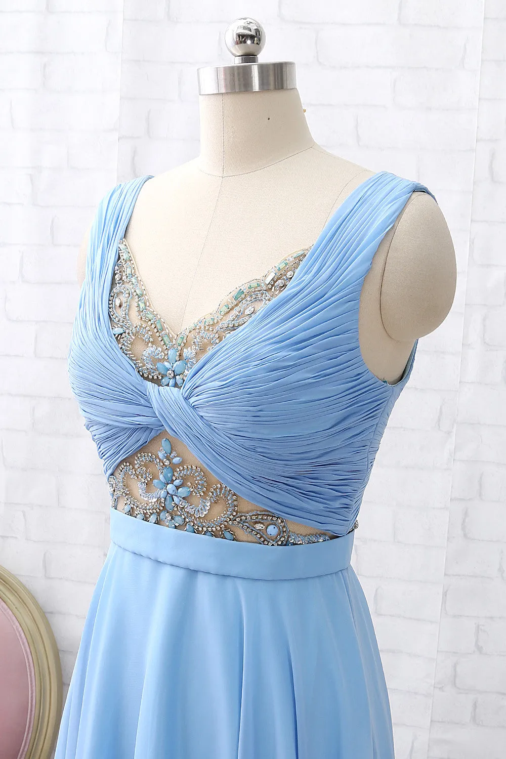 MACloth Straps V Neck Beaded Long Prom Dress Chiffon Formal Evening Gown