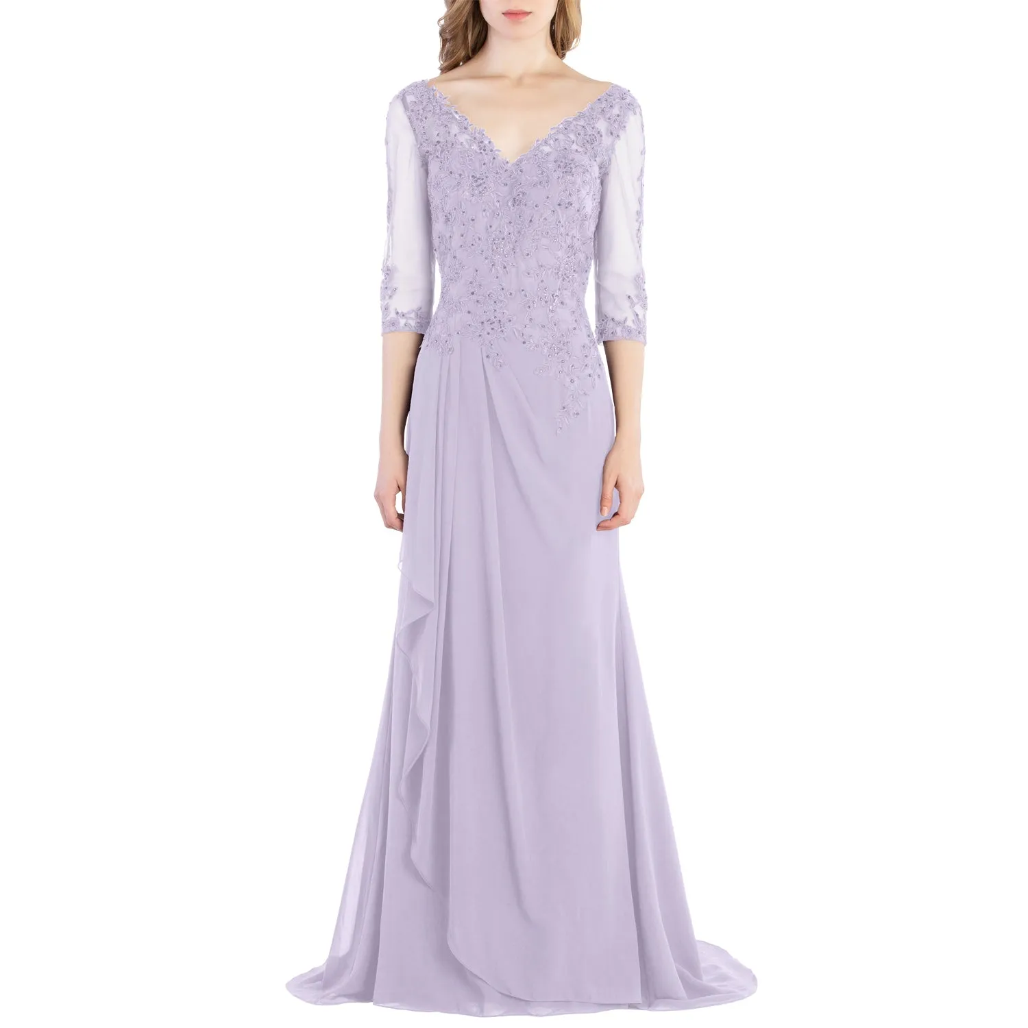 MACloth V Neck 3/4 Sleeve Lace Long Wedding Mother Bride Gown Bridesmaid Dresses