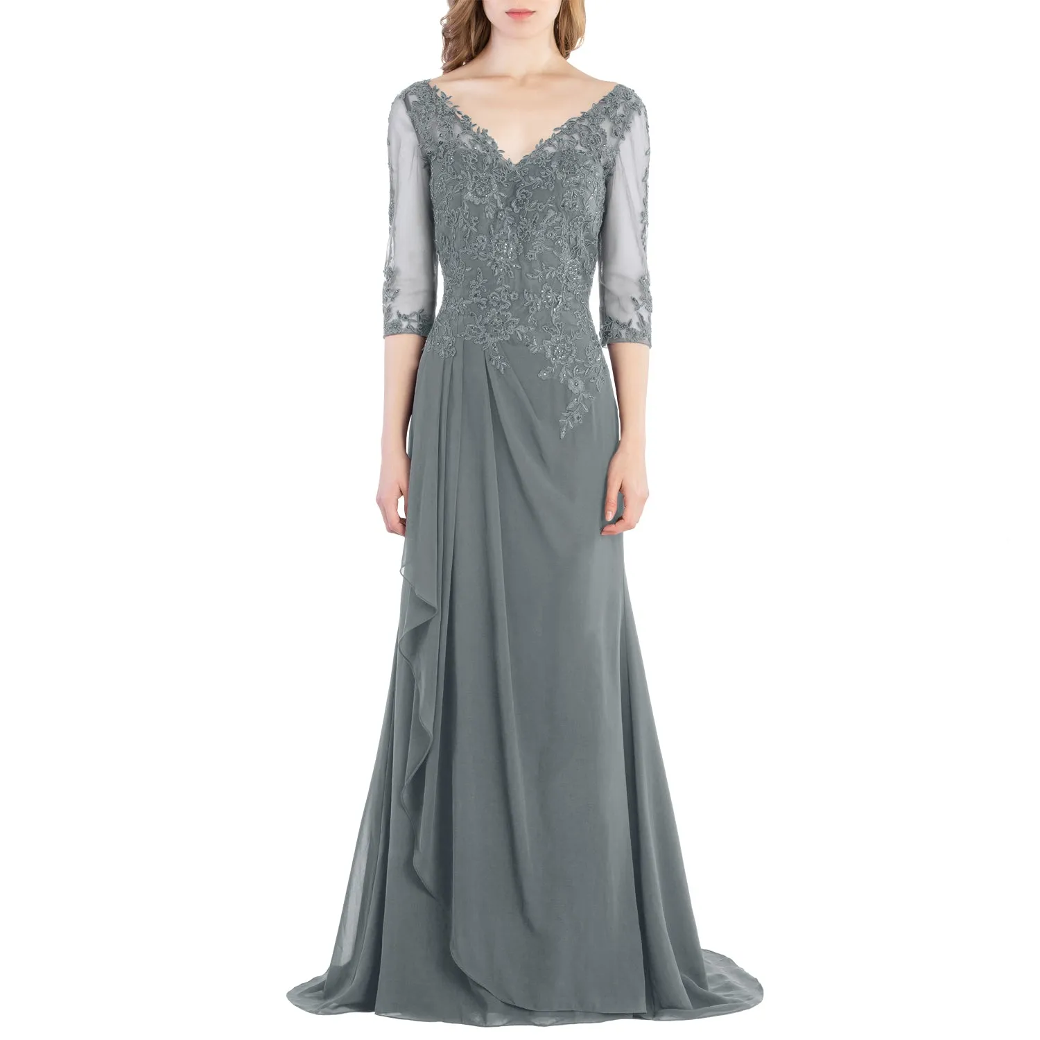 MACloth V Neck 3/4 Sleeve Lace Long Wedding Mother Bride Gown Bridesmaid Dresses