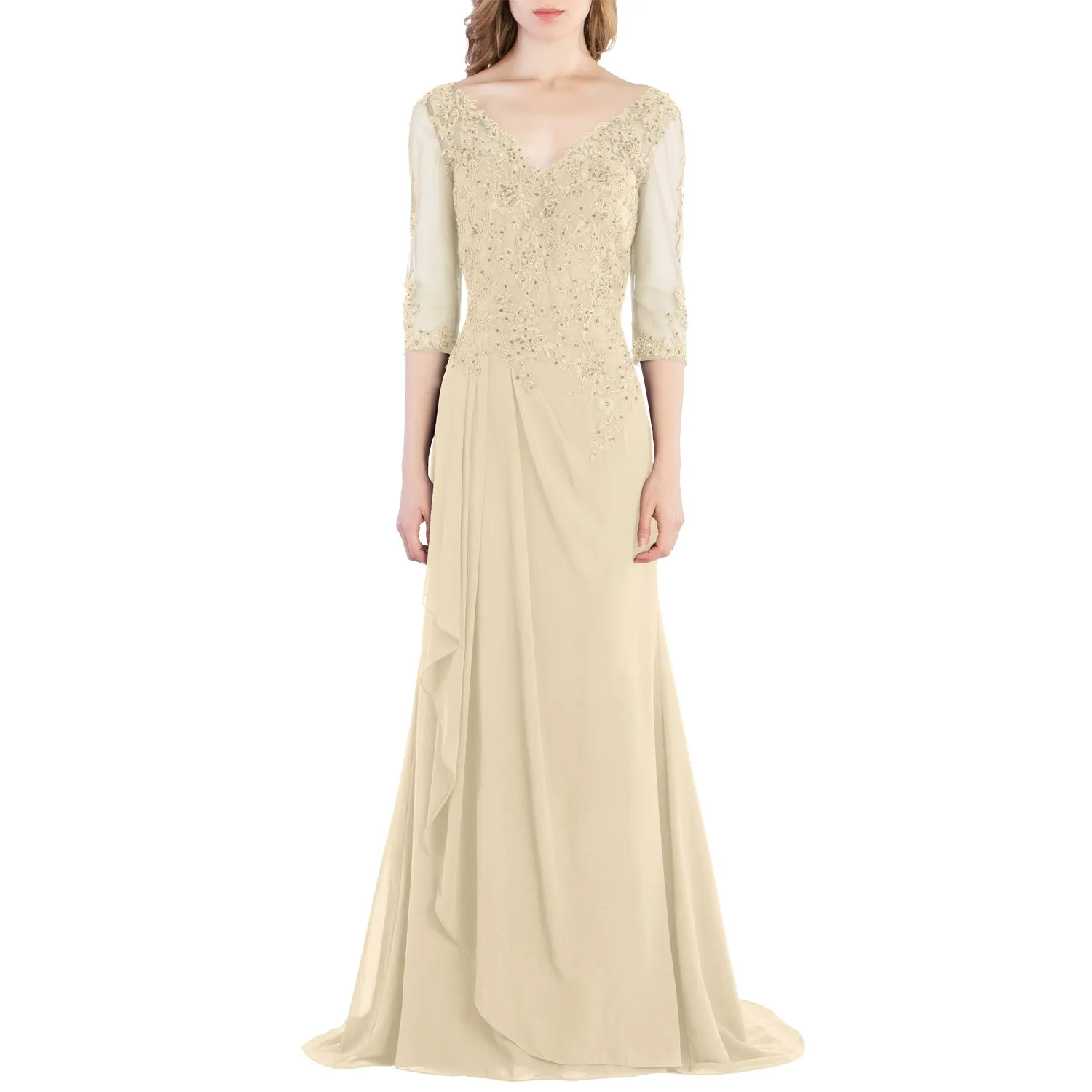 MACloth V Neck 3/4 Sleeve Lace Long Wedding Mother Bride Gown Bridesmaid Dresses