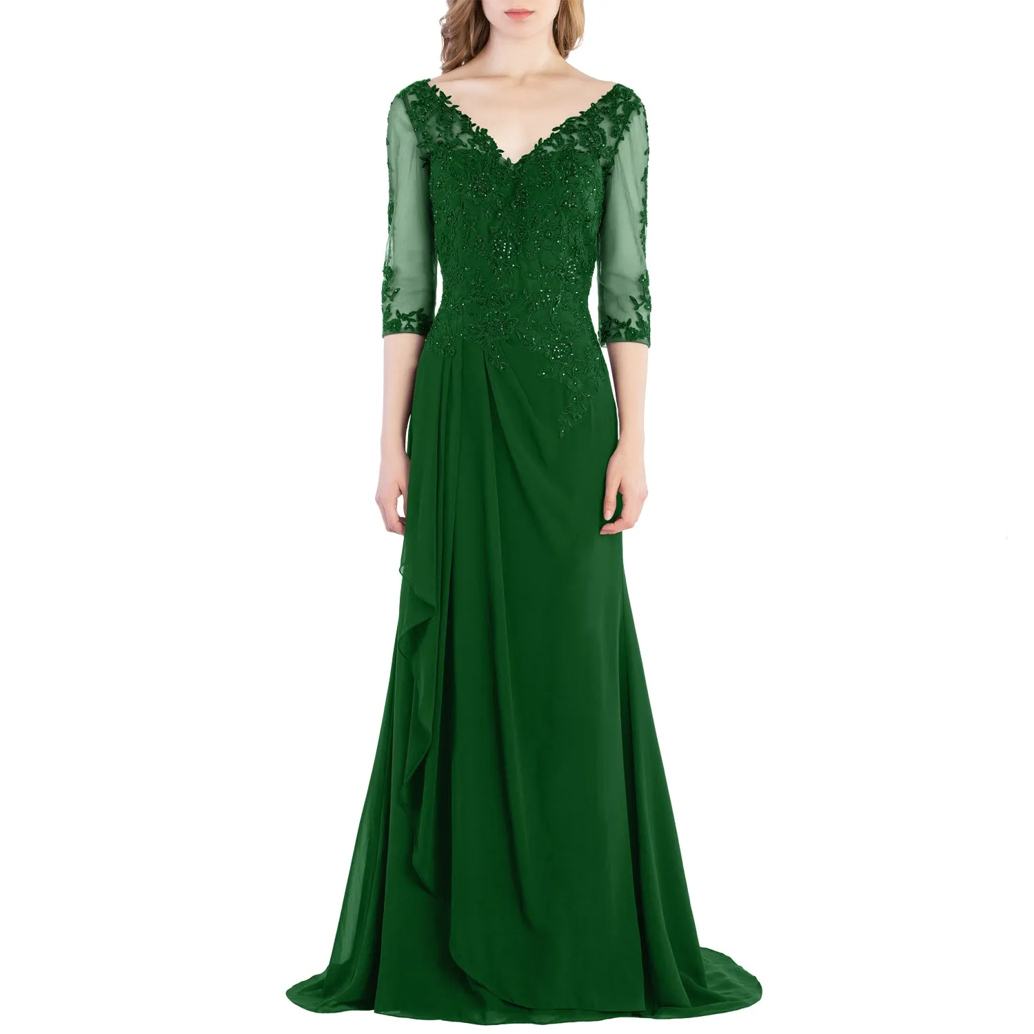 MACloth V Neck 3/4 Sleeve Lace Long Wedding Mother Bride Gown Bridesmaid Dresses