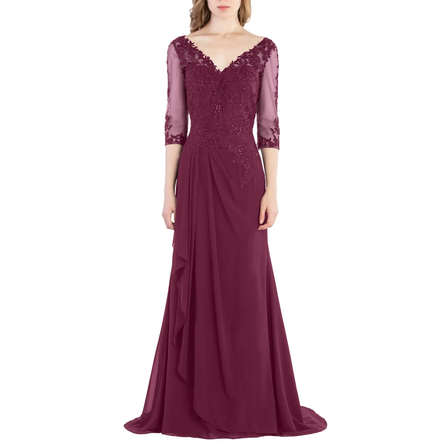 MACloth V Neck 3/4 Sleeve Lace Long Wedding Mother Bride Gown Bridesmaid Dresses