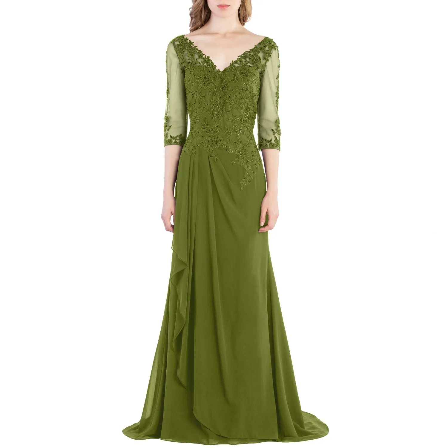 MACloth V Neck 3/4 Sleeve Lace Long Wedding Mother Bride Gown Bridesmaid Dresses