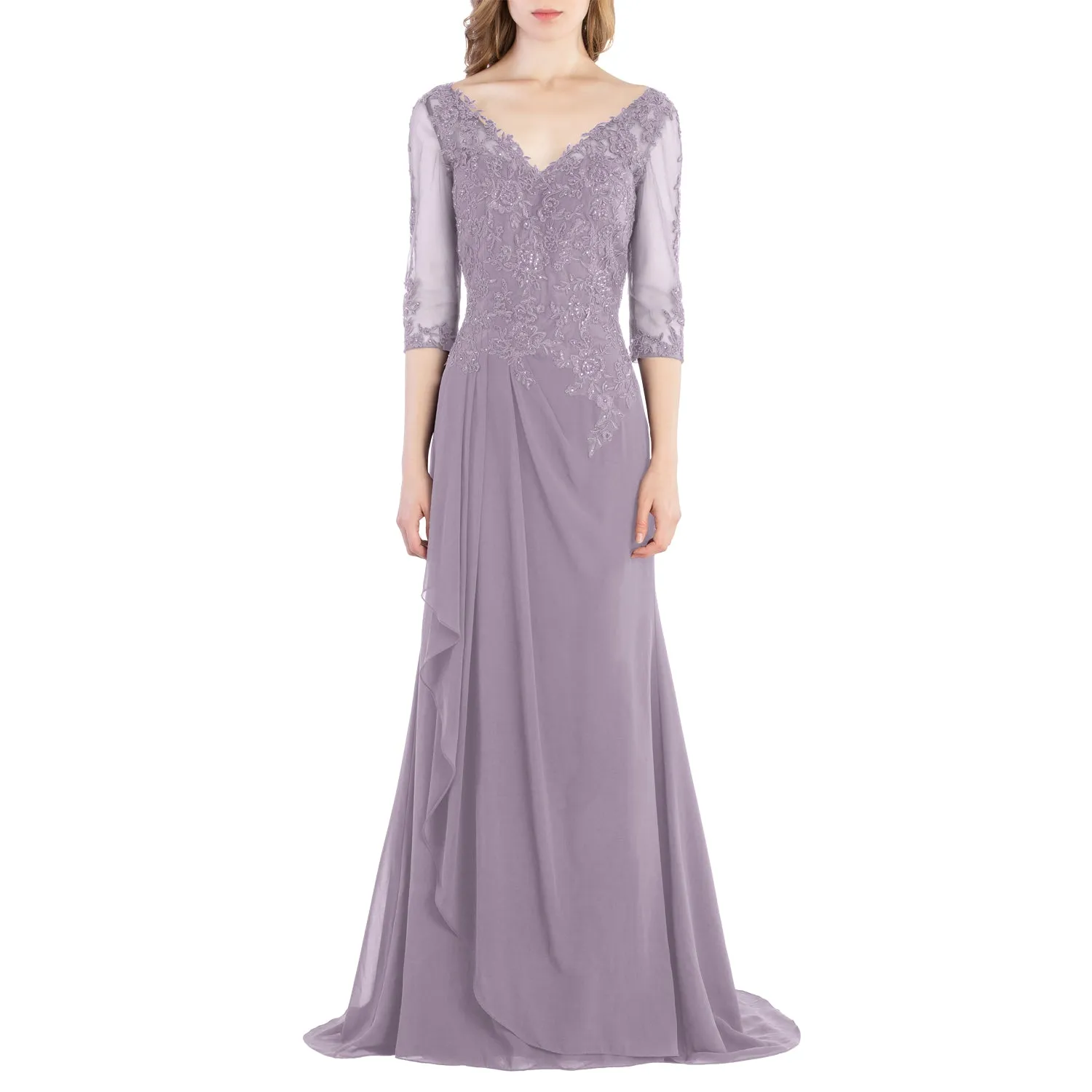 MACloth V Neck 3/4 Sleeve Lace Long Wedding Mother Bride Gown Bridesmaid Dresses