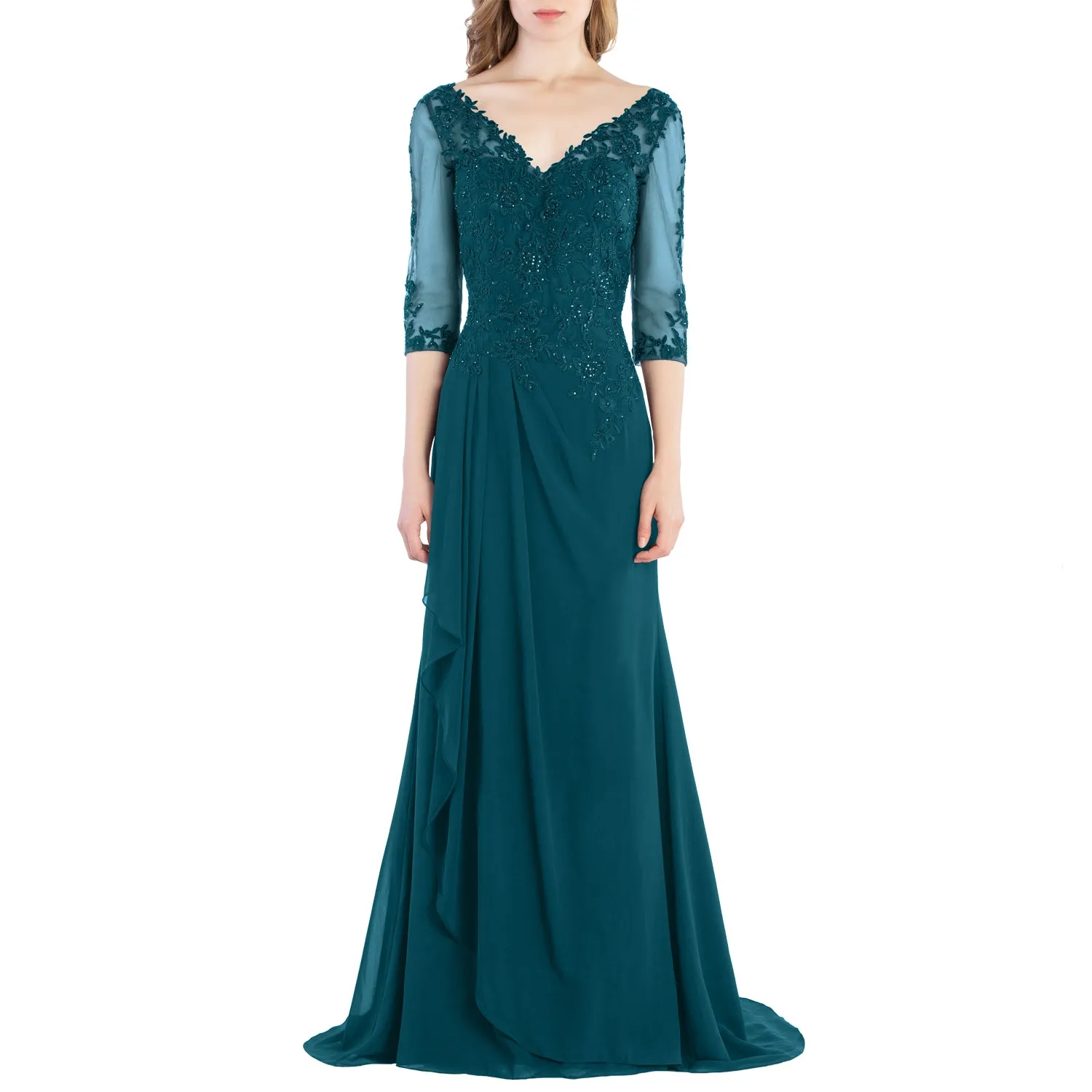MACloth V Neck 3/4 Sleeve Lace Long Wedding Mother Bride Gown Bridesmaid Dresses