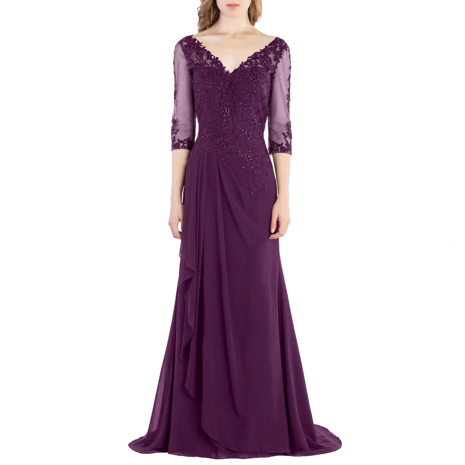 MACloth V Neck 3/4 Sleeve Lace Long Wedding Mother Bride Gown Bridesmaid Dresses