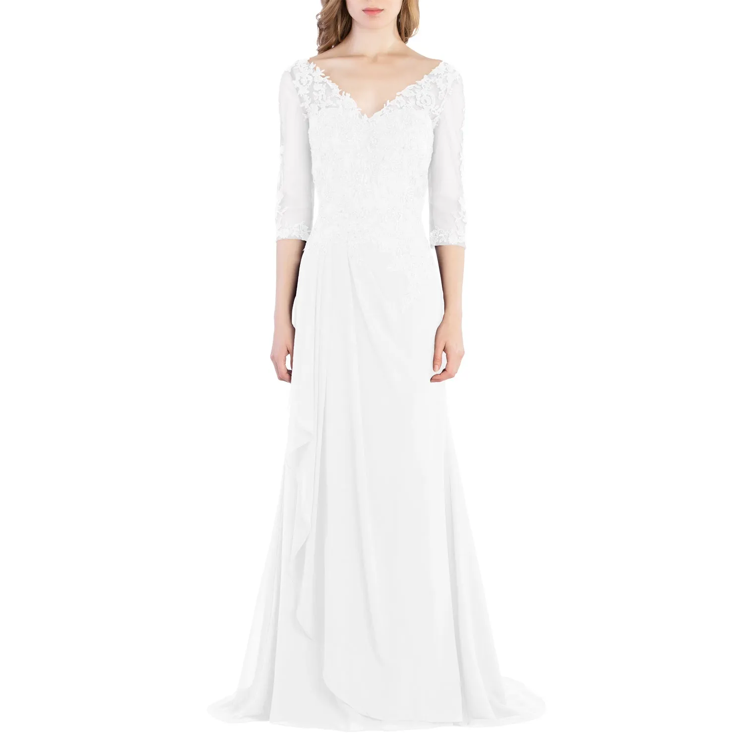 MACloth V Neck 3/4 Sleeve Lace Long Wedding Mother Bride Gown Bridesmaid Dresses