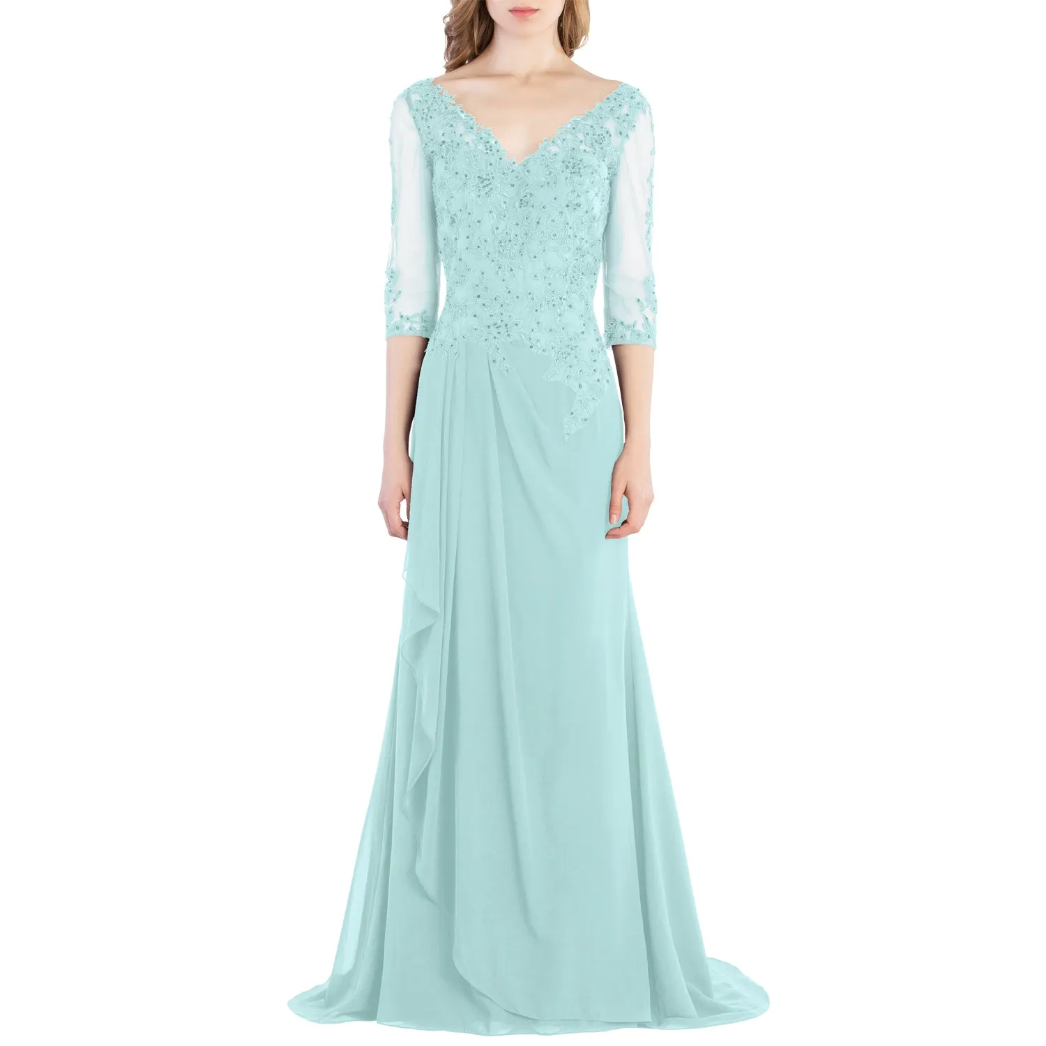 MACloth V Neck 3/4 Sleeve Lace Long Wedding Mother Bride Gown Bridesmaid Dresses