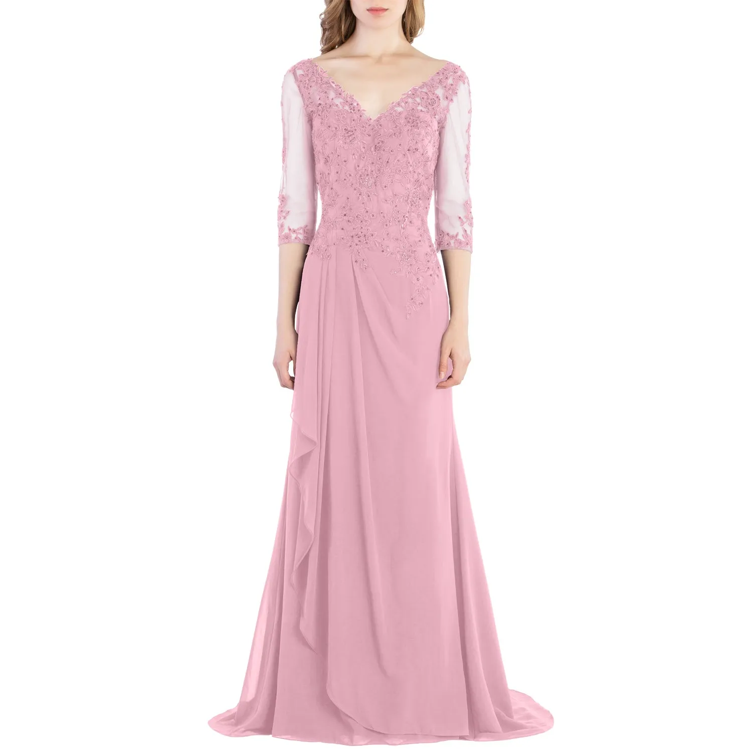 MACloth V Neck 3/4 Sleeve Lace Long Wedding Mother Bride Gown Bridesmaid Dresses