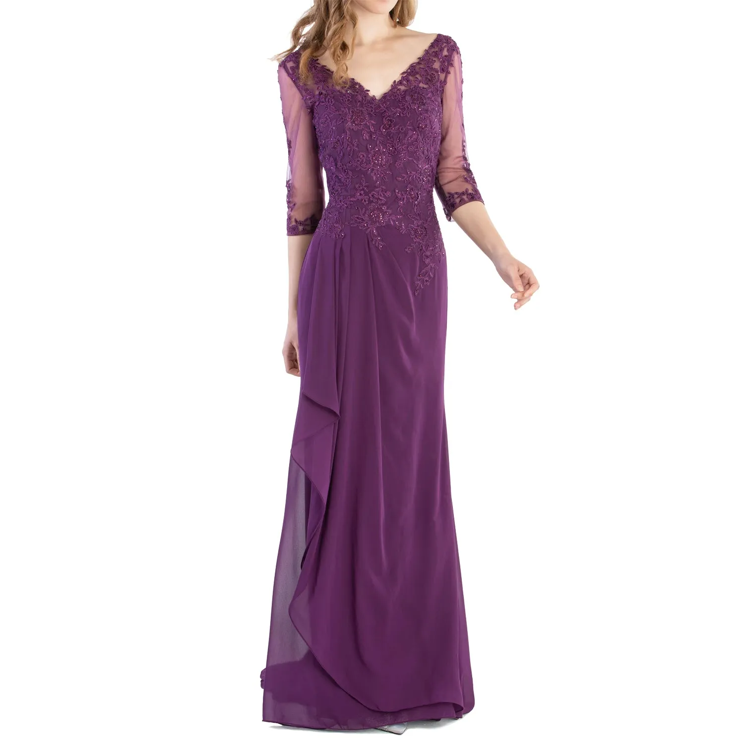 MACloth V Neck 3/4 Sleeve Lace Long Wedding Mother Bride Gown Bridesmaid Dresses