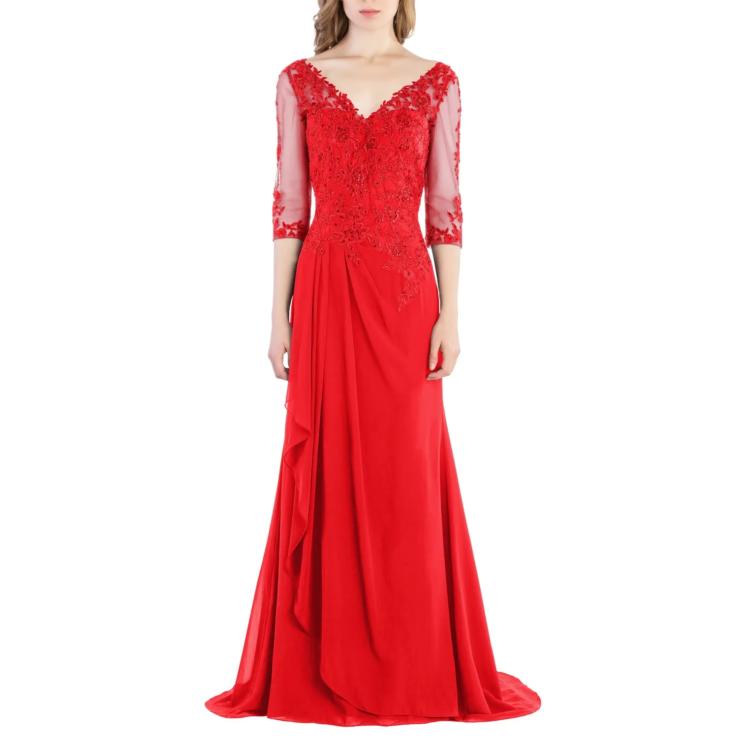 MACloth V Neck 3/4 Sleeve Lace Long Wedding Mother Bride Gown Bridesmaid Dresses