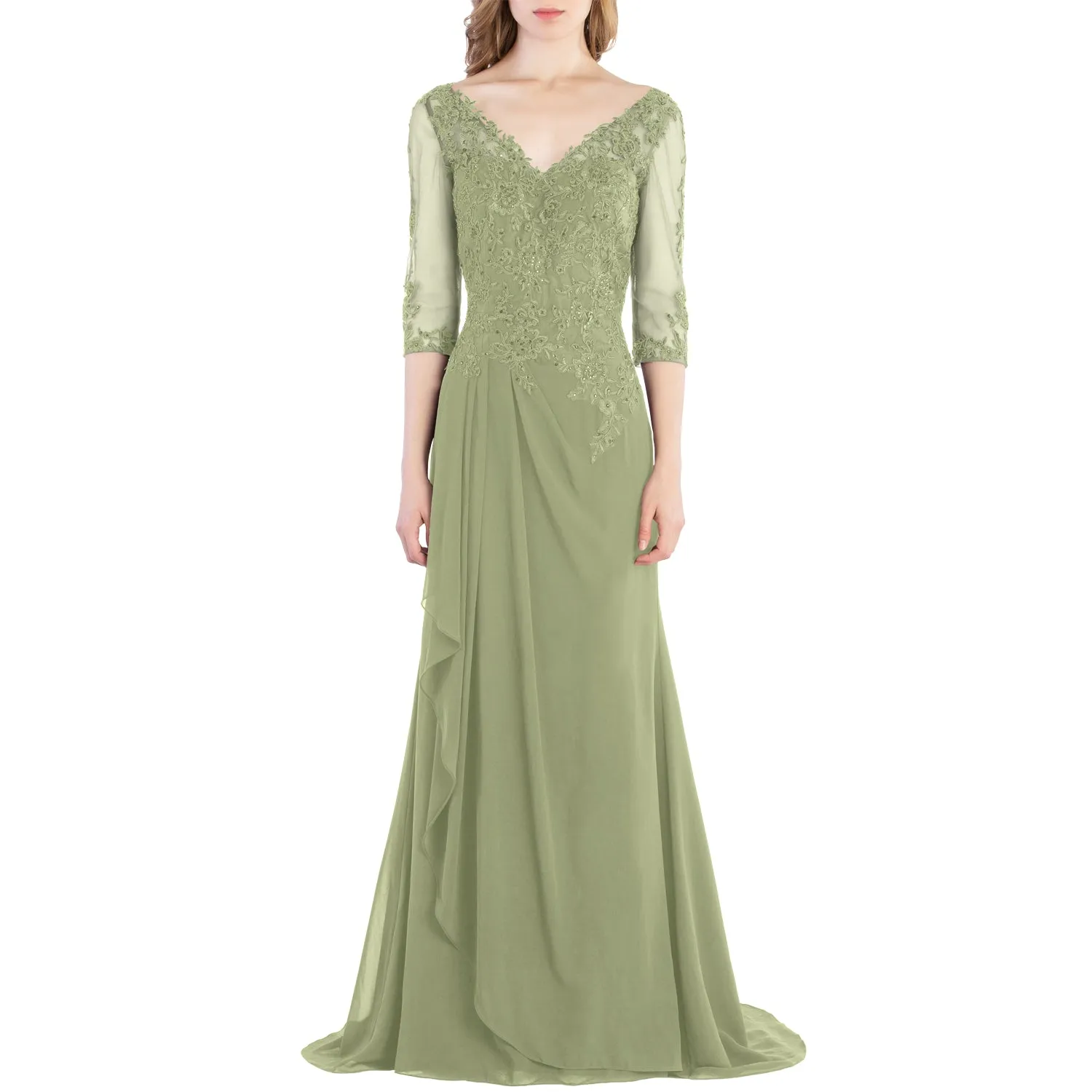 MACloth V Neck 3/4 Sleeve Lace Long Wedding Mother Bride Gown Bridesmaid Dresses