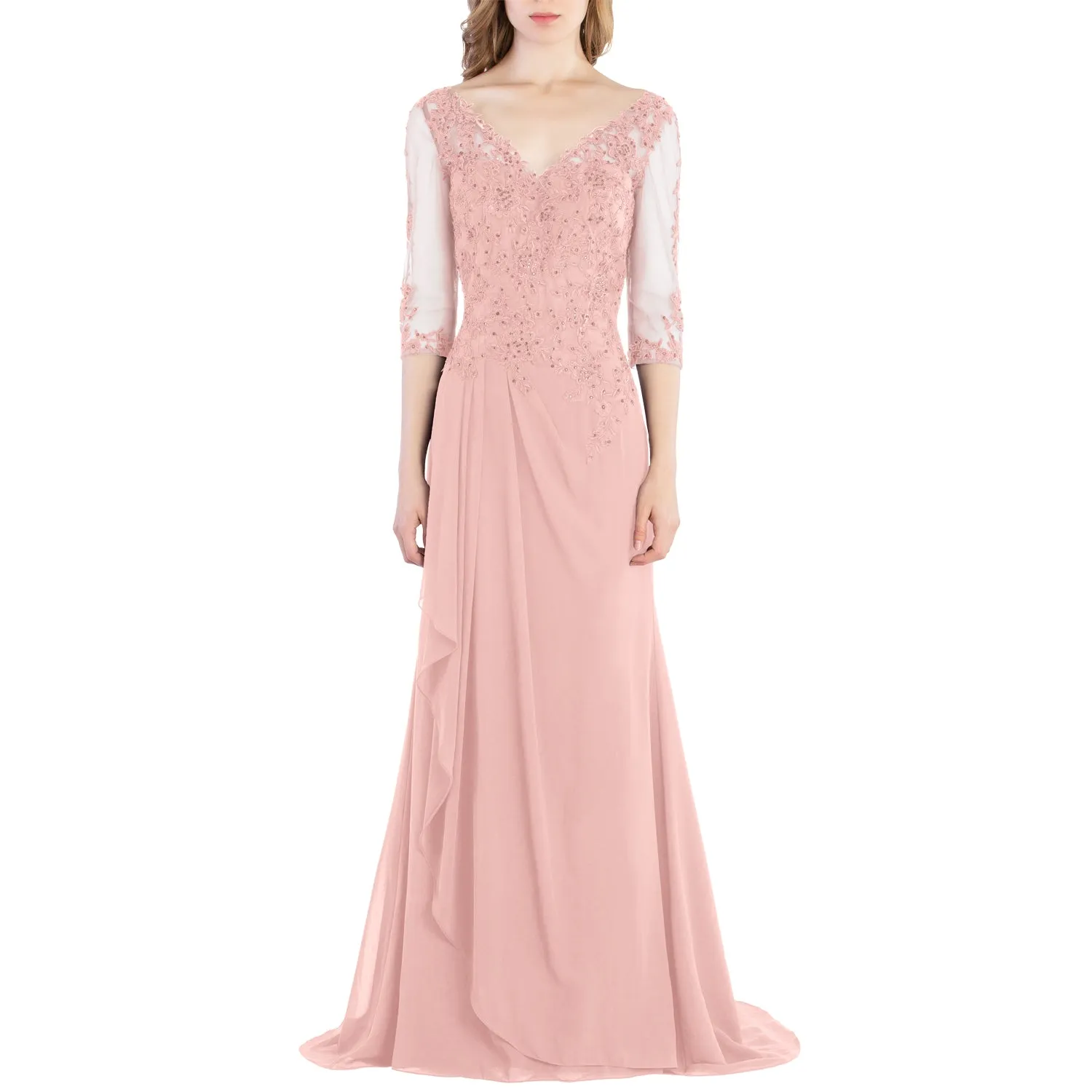 MACloth V Neck 3/4 Sleeve Lace Long Wedding Mother Bride Gown Bridesmaid Dresses