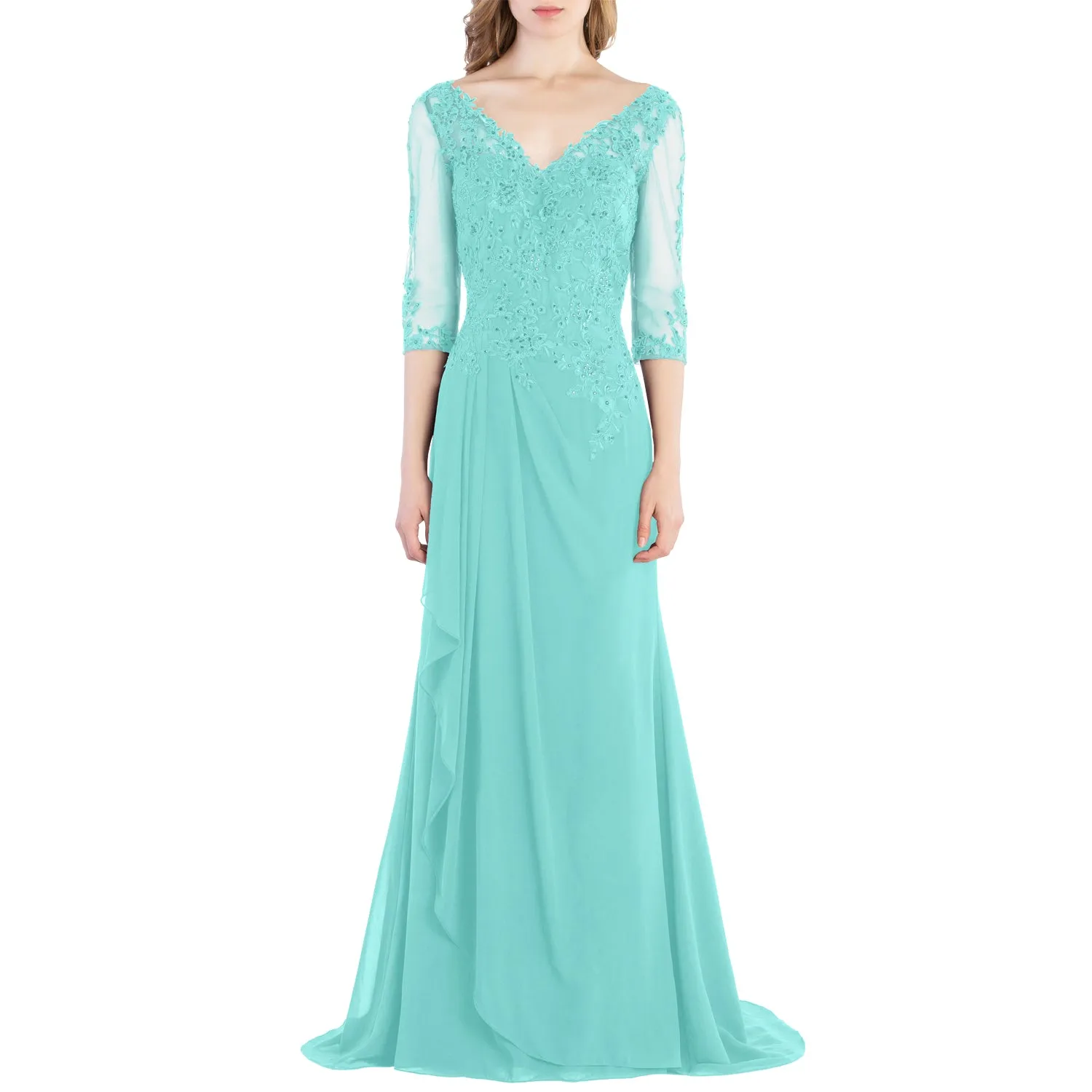 MACloth V Neck 3/4 Sleeve Lace Long Wedding Mother Bride Gown Bridesmaid Dresses