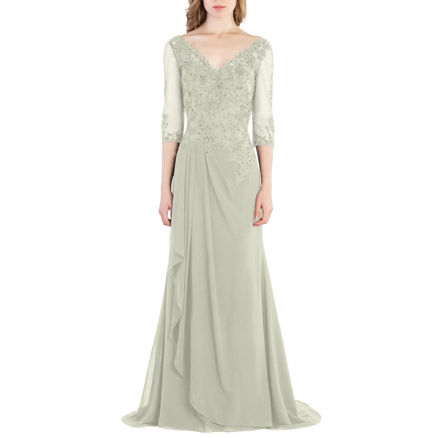 MACloth V Neck 3/4 Sleeve Lace Long Wedding Mother Bride Gown Bridesmaid Dresses