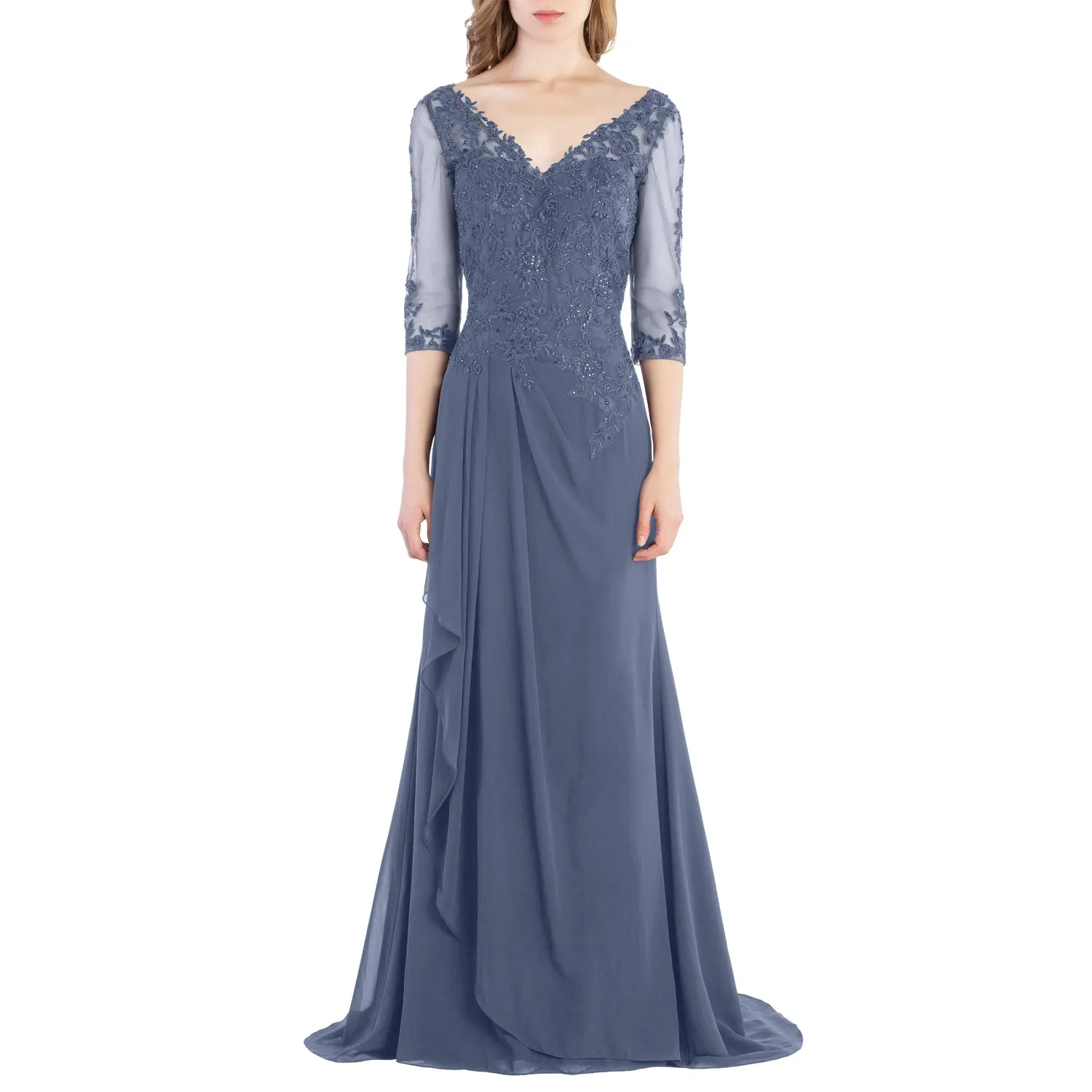MACloth V Neck 3/4 Sleeve Lace Long Wedding Mother Bride Gown Bridesmaid Dresses